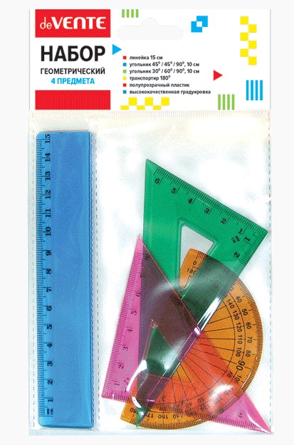Набор геометрический 'deVENTE', 4 предмета (линейка 15 см, 2 угольника, транспортир), 5092302