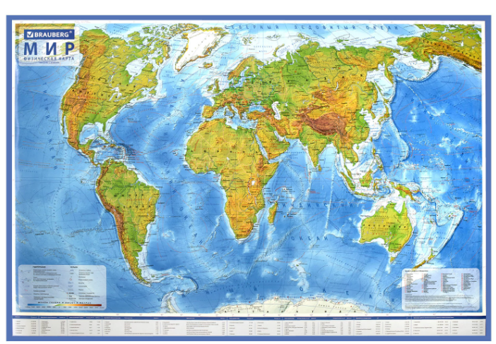 Карта мира физическая 101х66 см, с ламинацией, интерактивная, в тубусе, BRAUBERG, 112378