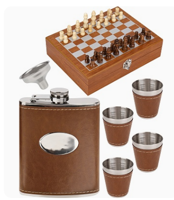 Подарочный набор Фляжка с рюмками (4 шт, 50 мл) и шахматами Мудрость, 240 мл, 9.3х13.7х2.0, ФЛ-5793