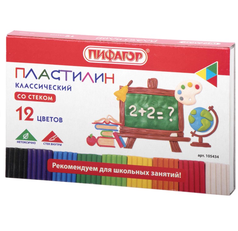 Пластилин классический ПИФАГОР ШКОЛЬНЫЙ, 12 цветов, 180 г, со стеком, 105434