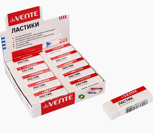 Ластик 'deVENTE' синтетический каучук, прямоугольный белый, 57x21x10 мм, dust-free, 4070702
