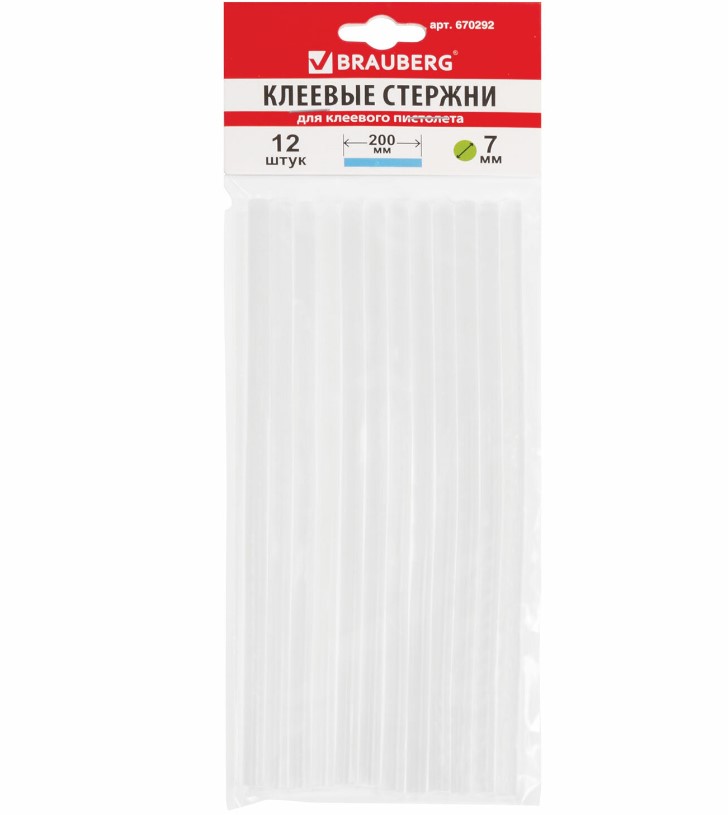 Клеевые стержни, 'BRAUBERG', 7 мм, длина 200 мм, (12 шт;уп), 670292