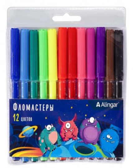 Фломастеры, 12 цв, Alingar, смываемые чернила, корпус круглый, Монстрики, AL8975
