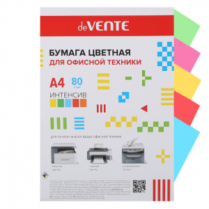 Бумага цветная для офисной техники "deVENTE", А4 , интенстив 80 г/м ,50 листов , (5 цветов), 2072249