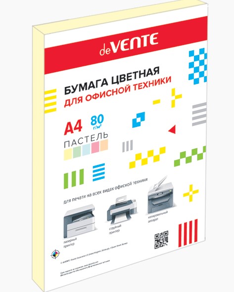 Бумага цветная для офисной техники 'deVENTE' A4 50 л, 80 г;м², пастельный желтый, 2072701