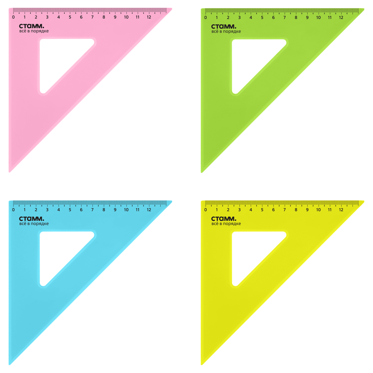 Треугольник 45°, 12 см, СТАММ, пластиковый, прозрачный, неоновые цвета, ассорти, ТК44