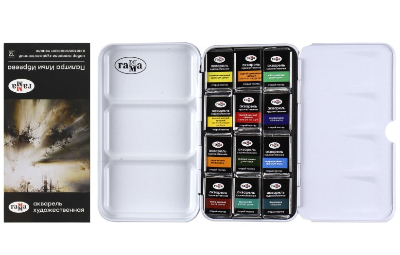 Акварель художественная Гамма 'Старый Мастер'12цв х 2,6мл, кюветы, метал. кор, 200622_1112