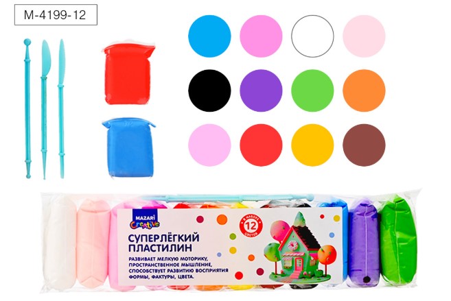 Суперлёгкий пластилин, 12 цветов по 13 г, пластиковые стеки 3 шт в комплекте, M-4199-12/M-4197-12