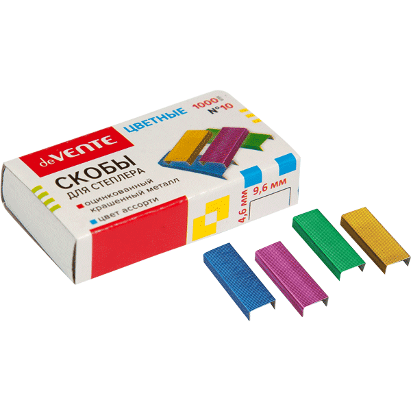 Скобы для степлера цветные 'deVENTE' №10, 4 цвета ассорти, 1000 шт в картонной коробке, 4141900