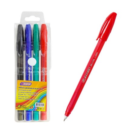 Набор шариковых ручек 4 цвета, трехгранный корпус, пластиковая уп, европодвес, AR-1194-4