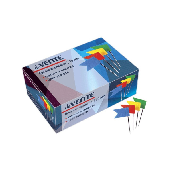 Булавки офисные 'deVENTE' с пластиковым флажком 23 мм, 50 шт в картонной коробке, ассорти, 4130500