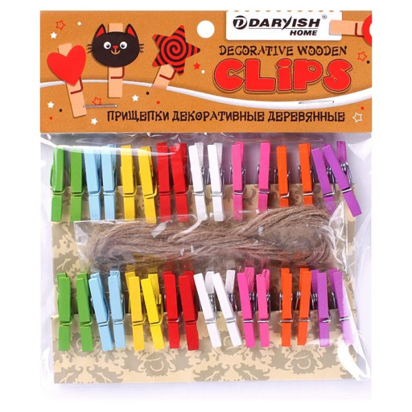 Прищепки декоративные Darvish 'Разноцветное ассорти', дерево, (32 шт;уп), DV-H-1076