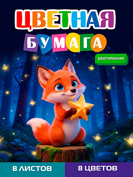 Бумага цветная 8л. двусторонняя А4 ЛИСЁНОК-1, 8л,8цв.скр, 200х275 08-1612