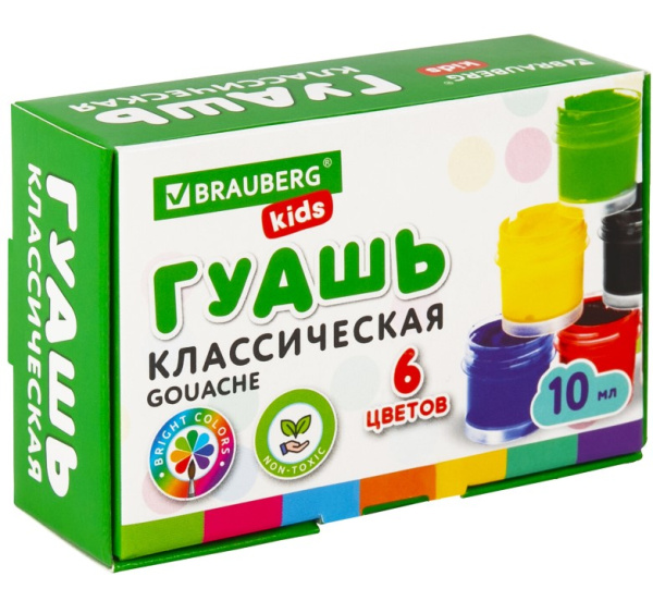 Гуашь 6 цветов 'BRAUBERG KIDS', по 10 мл, 192374