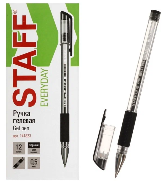 Ручка гелевая 'STAFF' с грипом, 0,5 мм, линия 0,35 мм, цвет черный, 141823